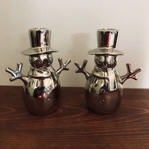 A Pair of Silver Snowmen Candle Stick Holders. Holidays, Christmas, Winter Light